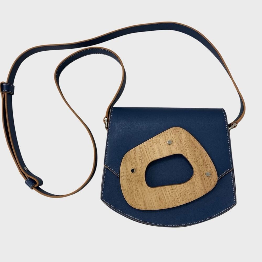 Perrin Paris $1,490 Navy Blue Leather + Wood Le Mini Amorphe Bag
